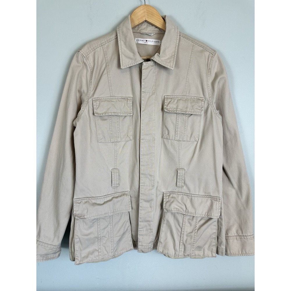 Tommy Hilfiger Jeans Military Style Utility Jacket Khaki Pockets L Missing Belt
